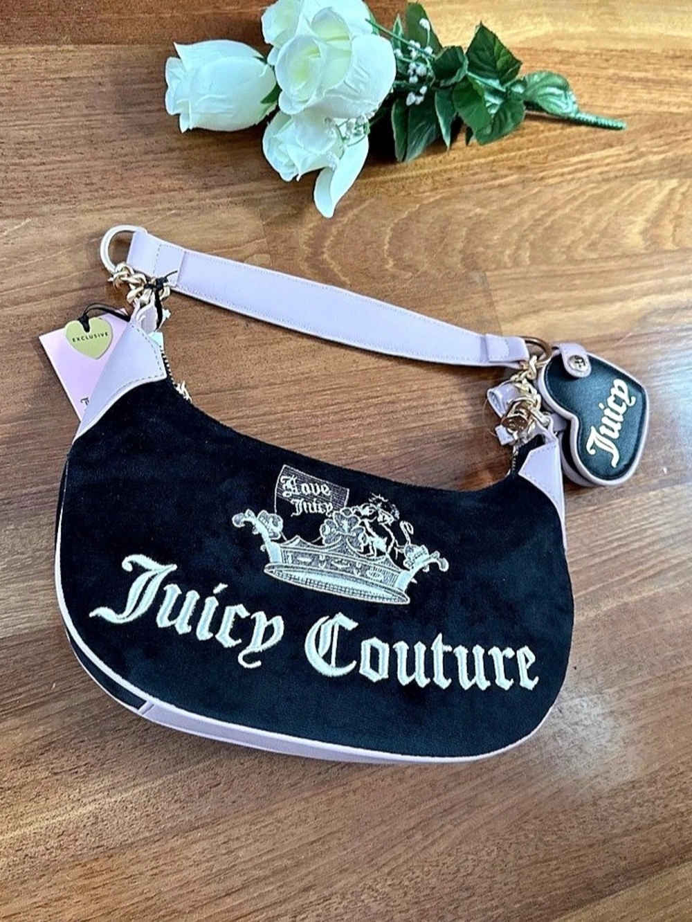 Juicy Couture Velour Shoulder Bag Black & Pink